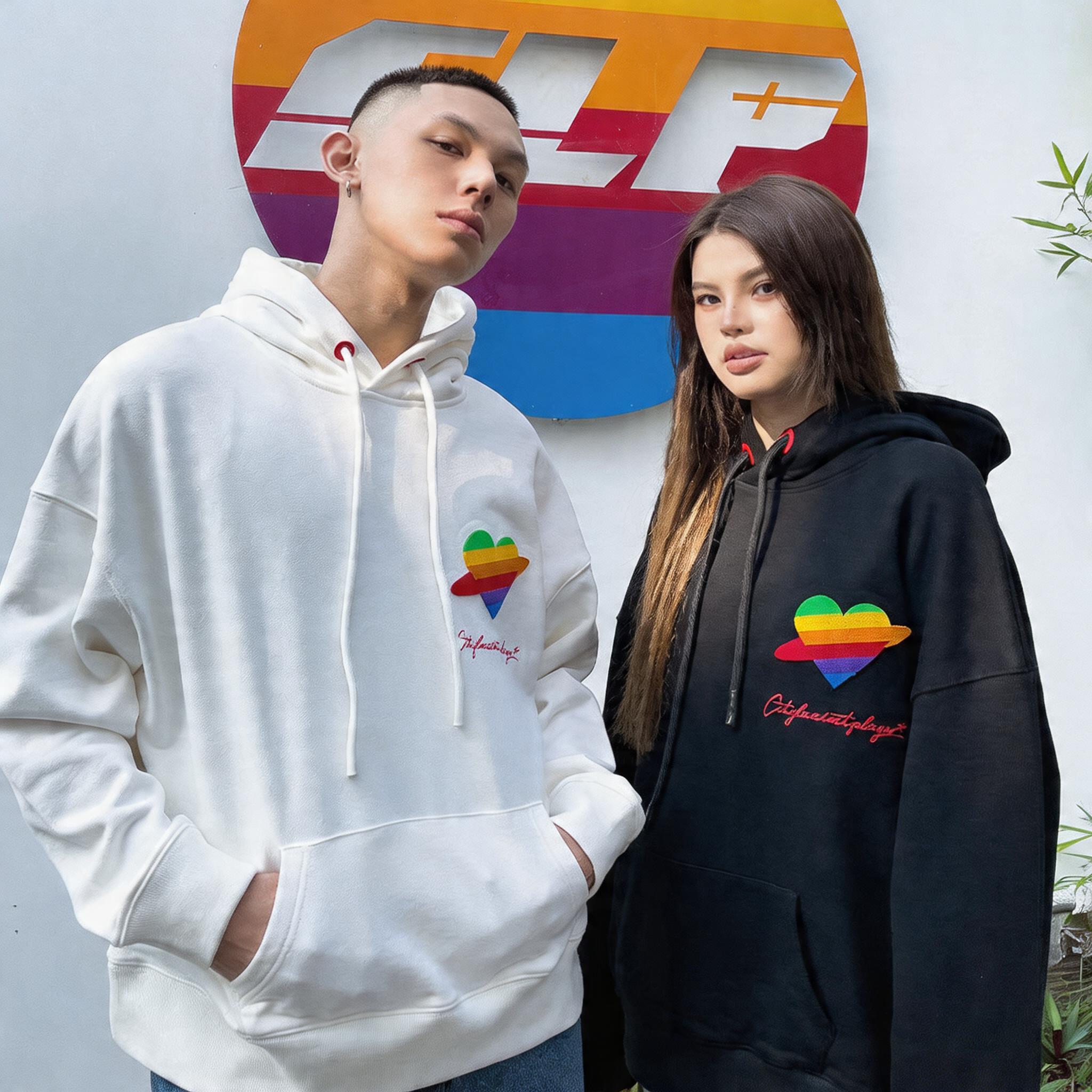 Loose Rainbow Heart Couple Hoodies