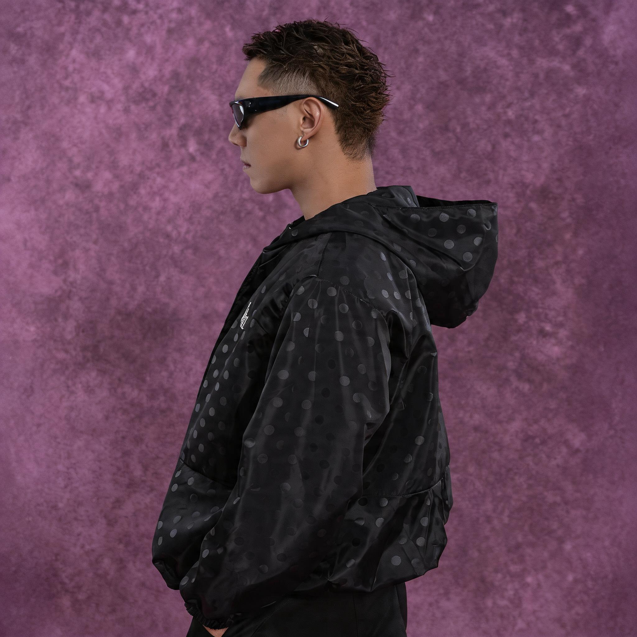 Black Polka Dot Hooded Windproof Jacket