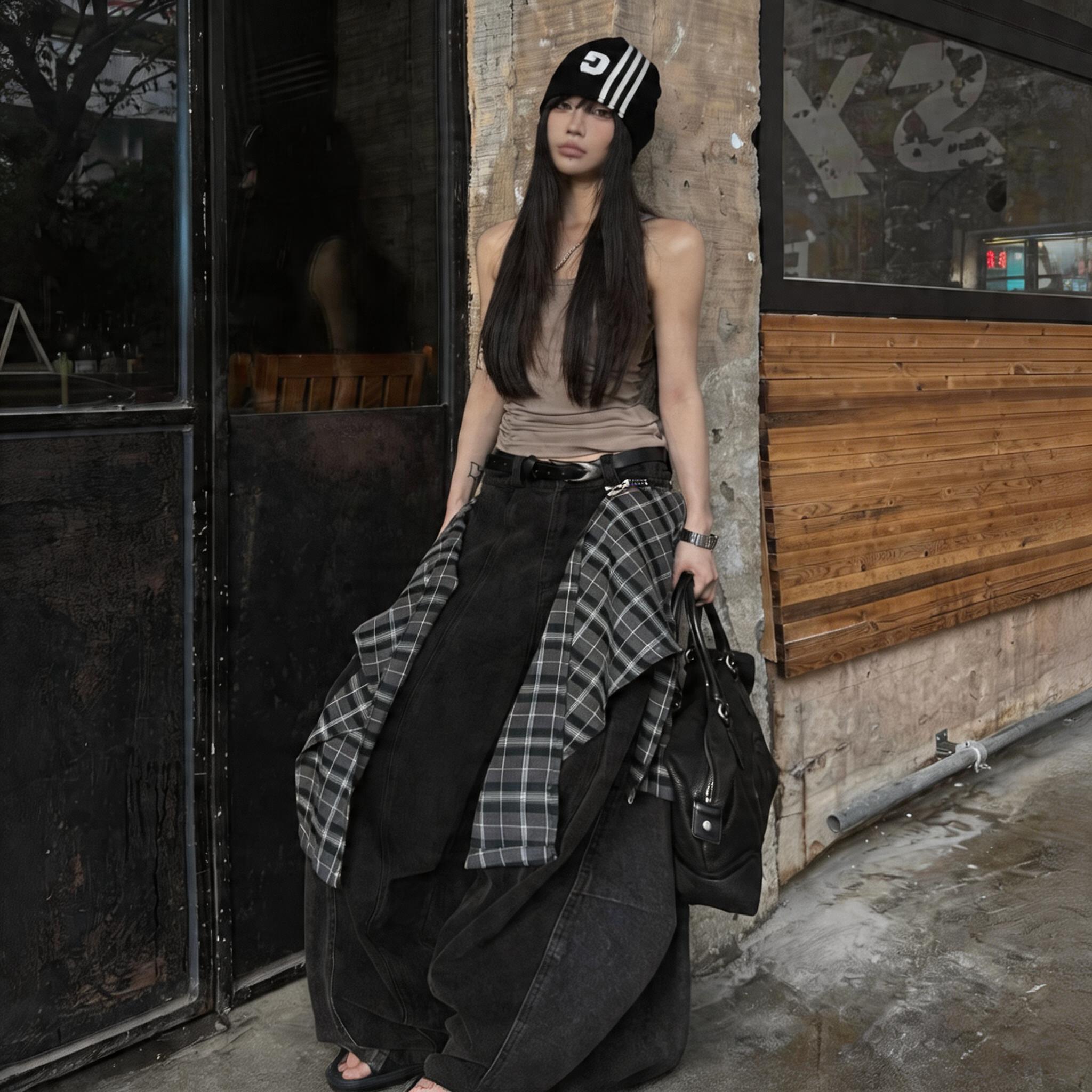 Detachable Plaid Washed Oversized Jeans