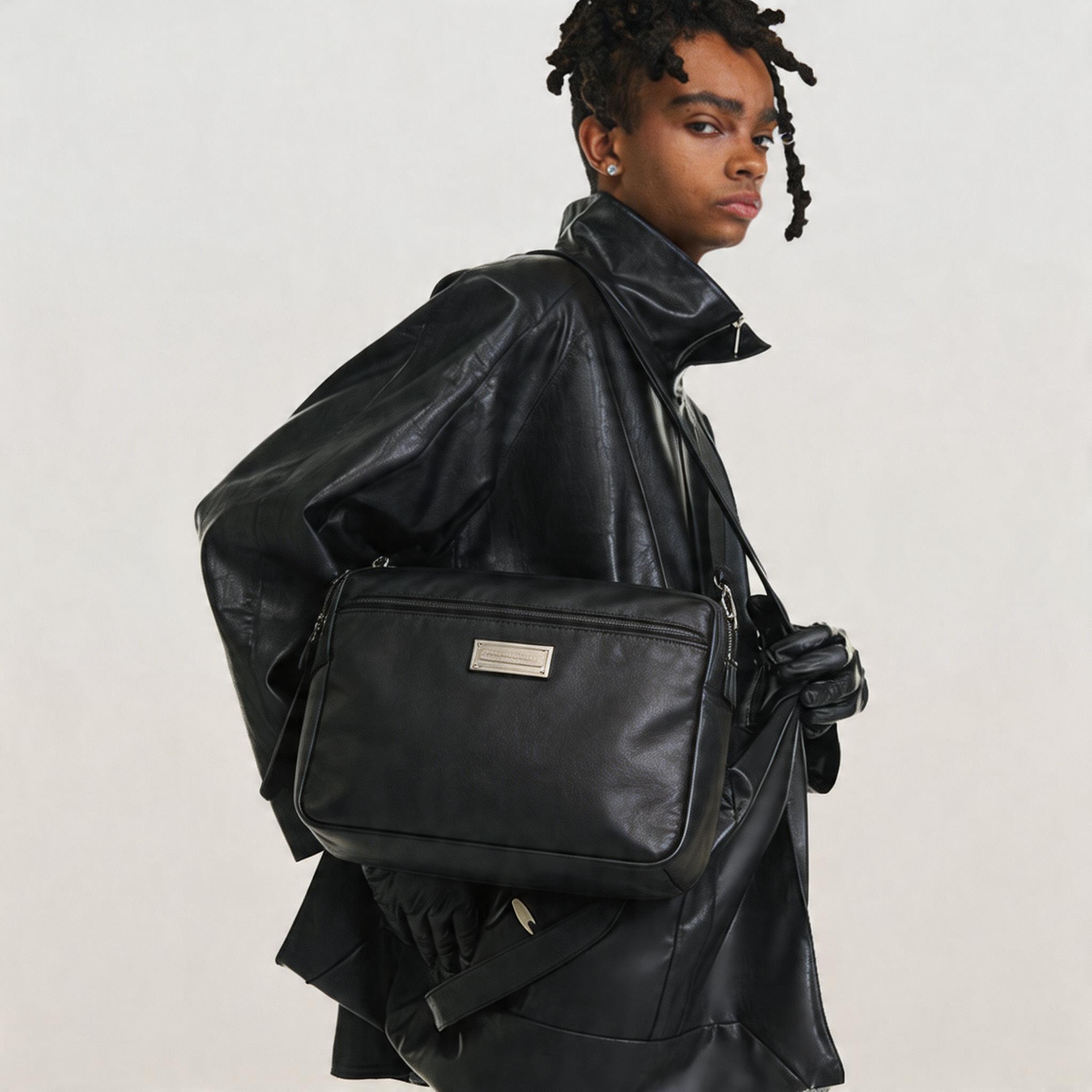 Leather Crossbody Bag with Metal Plaque