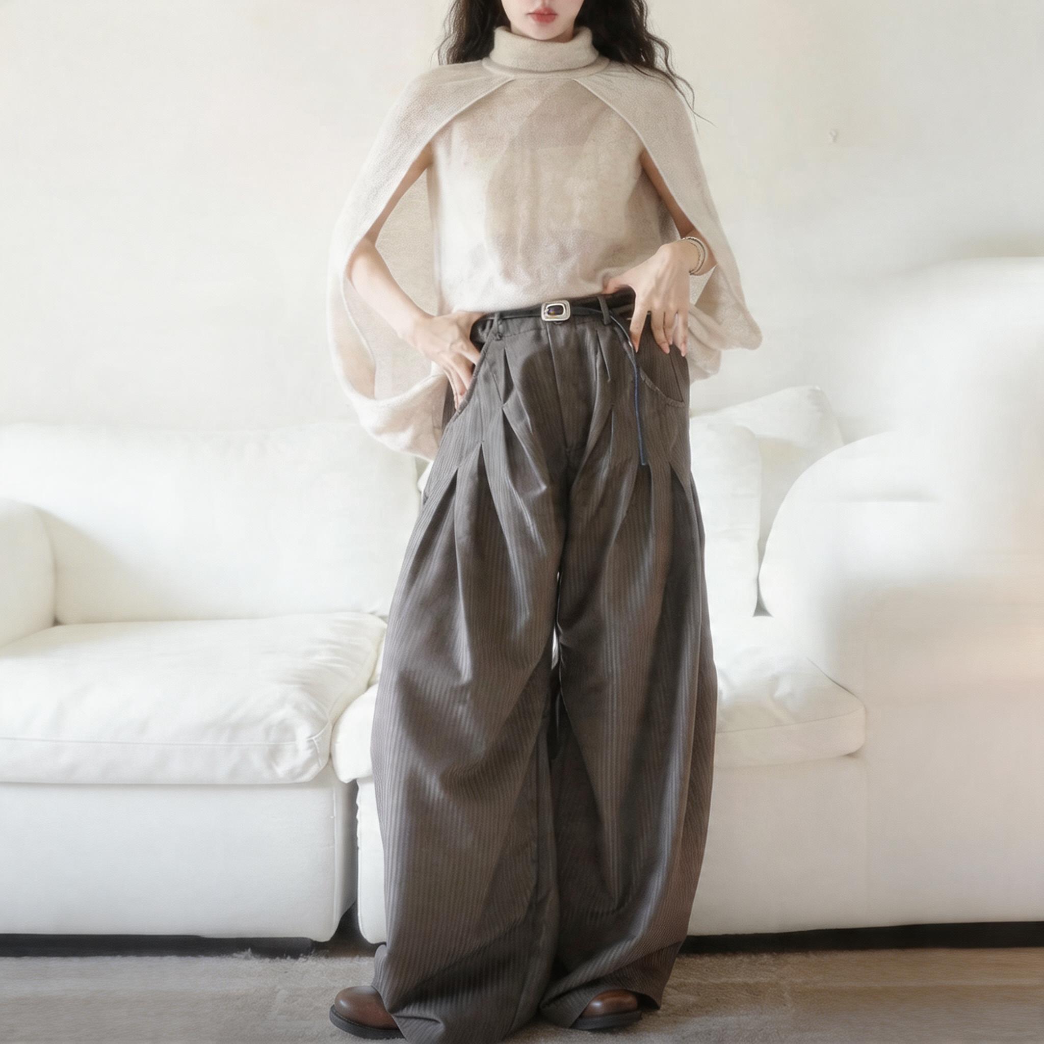Loose Pleated Jacquard Stripe Drape Trousers