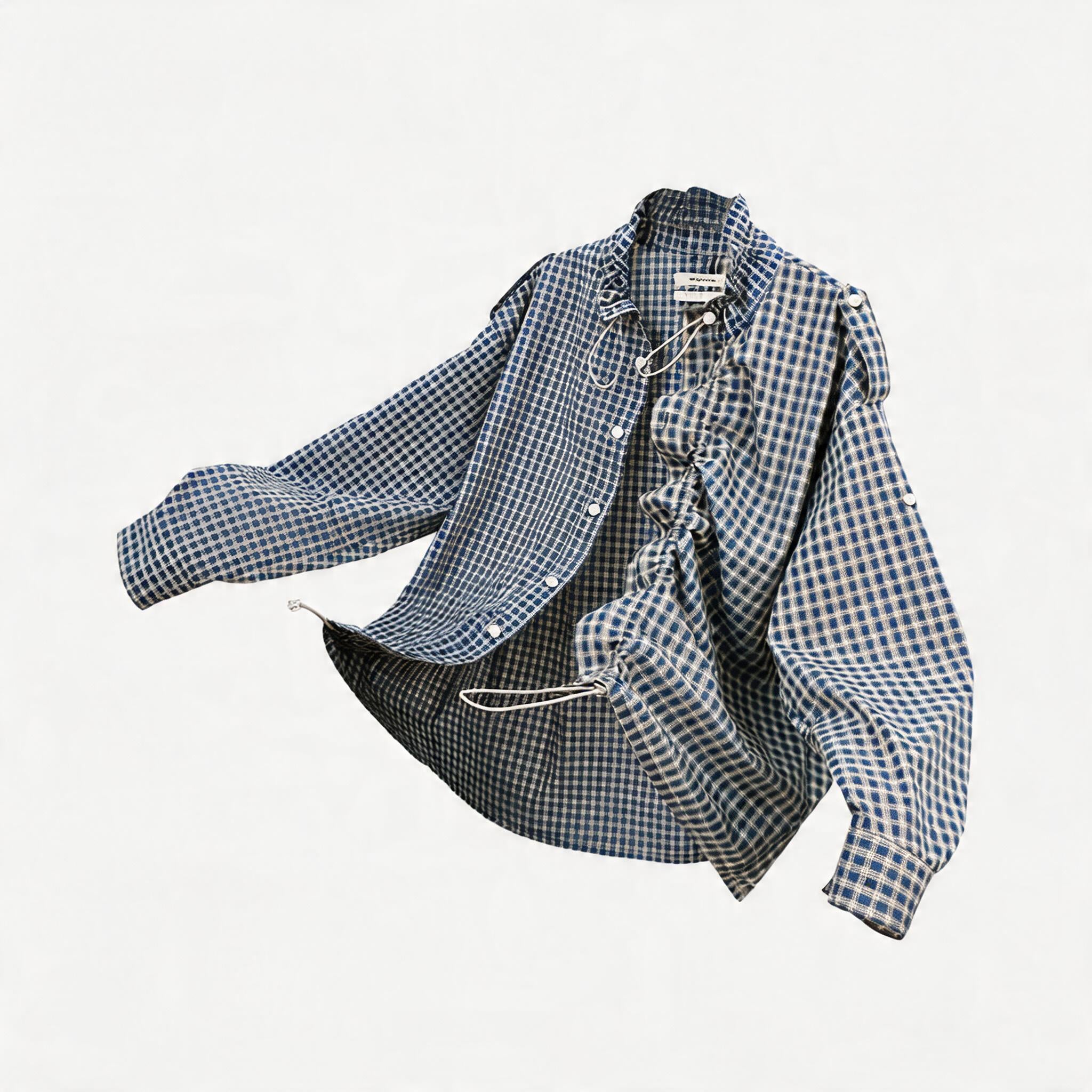Asymmetric Plaid Puff Sleeve Shirt