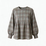 Asymmetric Plaid Puff Sleeve Shirt