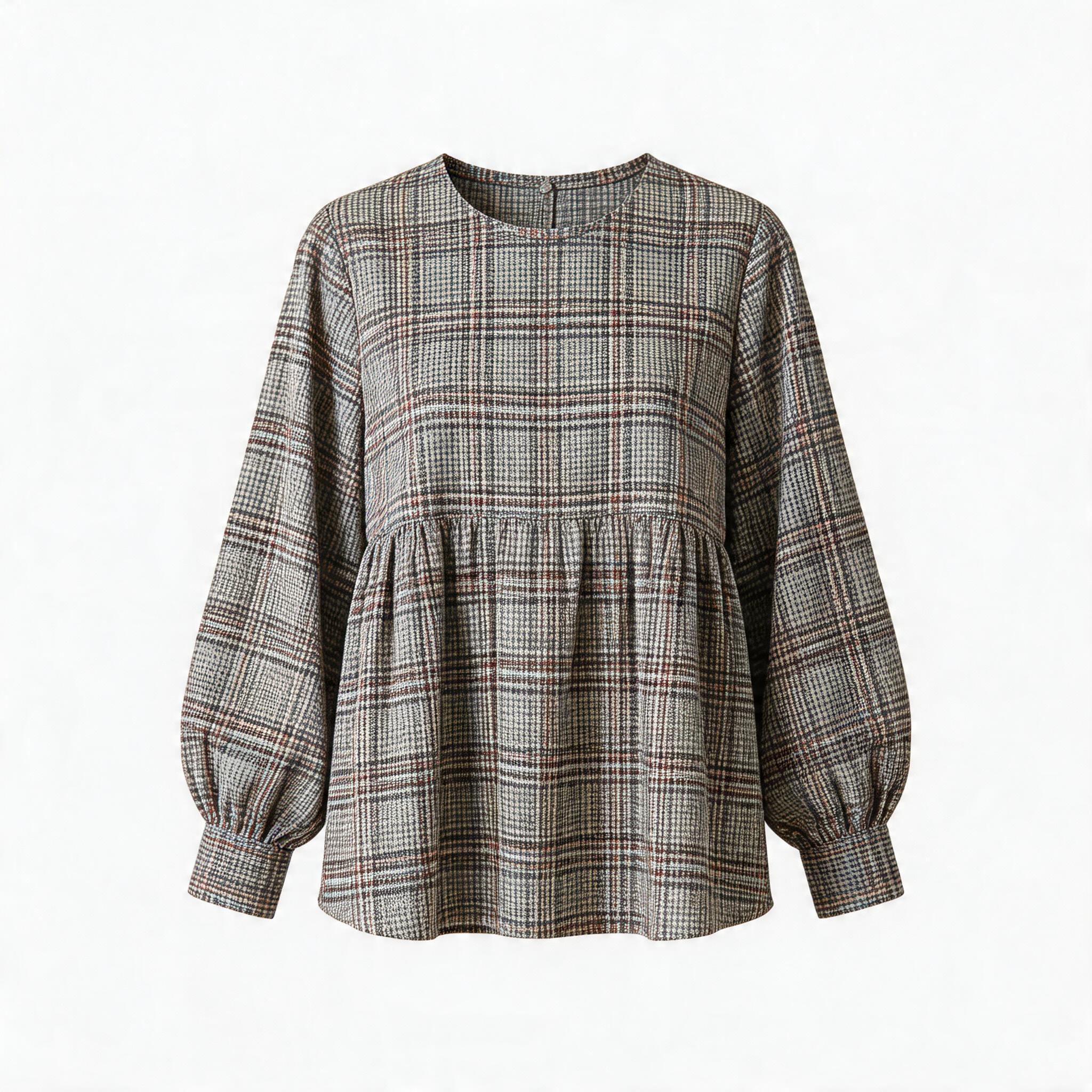 Asymmetric Plaid Puff Sleeve Shirt
