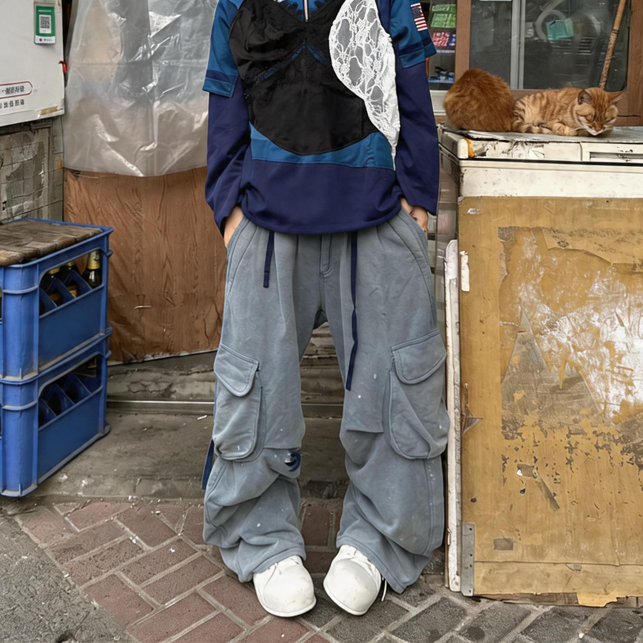 Double Waist Splatter Distressed Cargo Sweatpants