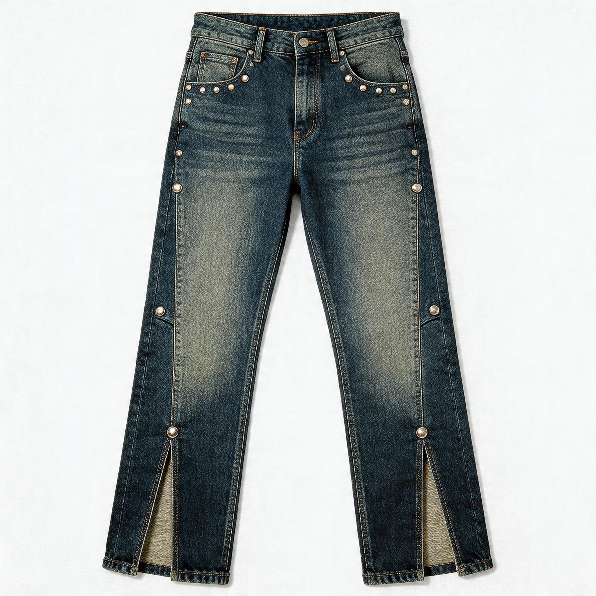 Studded Deconstructed Washed Two-tone A-line Jeans
