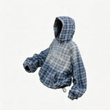 Gradient-Washed Plaid Stud Print Denim Hoodie