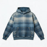 Gradient-Washed Plaid Stud Print Denim Hoodie
