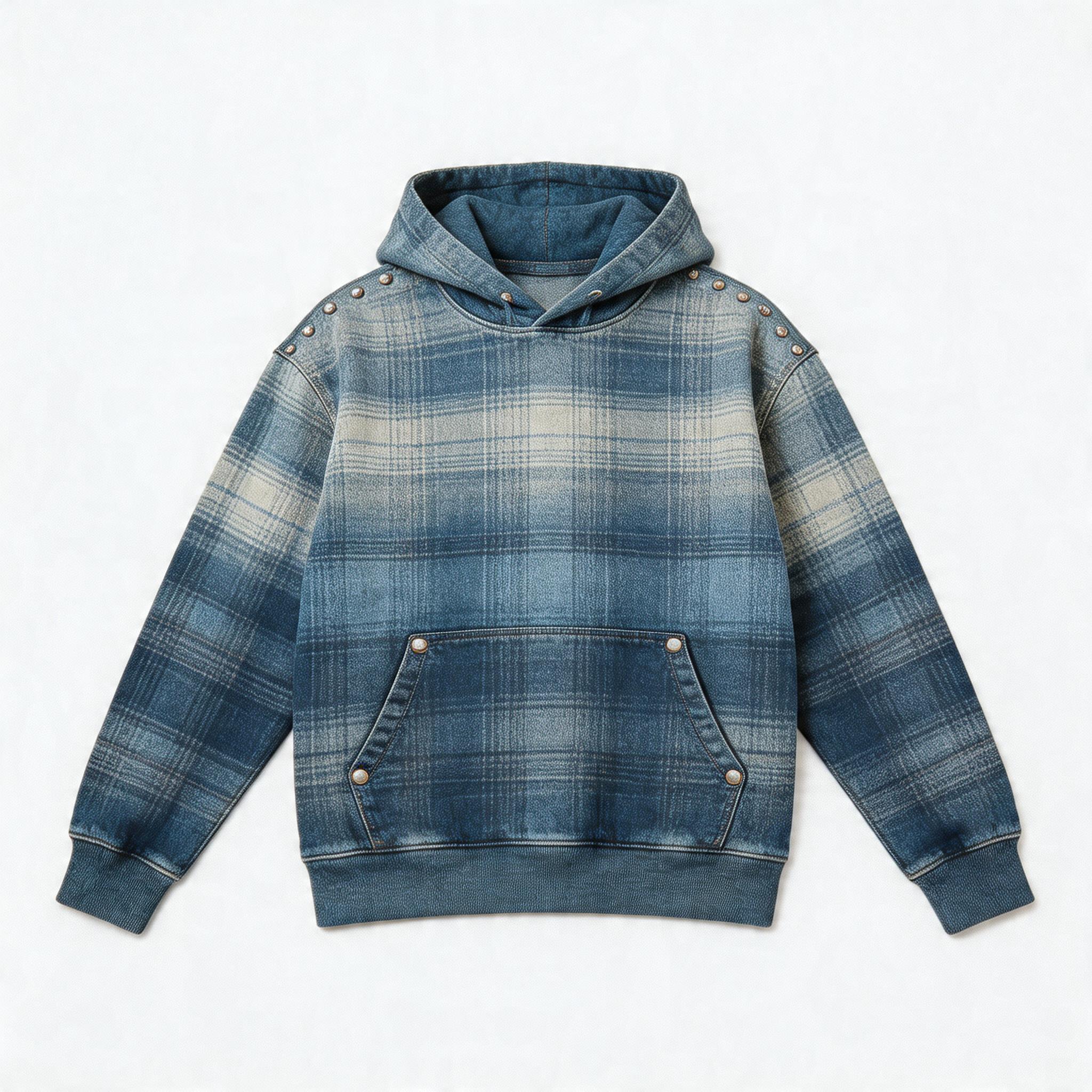 Gradient-Washed Plaid Stud Print Denim Hoodie