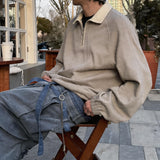 Half-Zip Deconstructed Long-Sleeve Suede Polo Shirt
