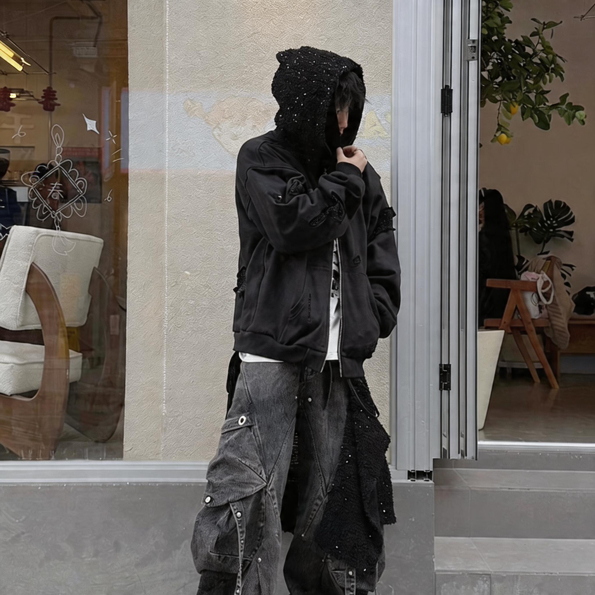 Detachable Dual Hood Rhinestone Zip Hoodie