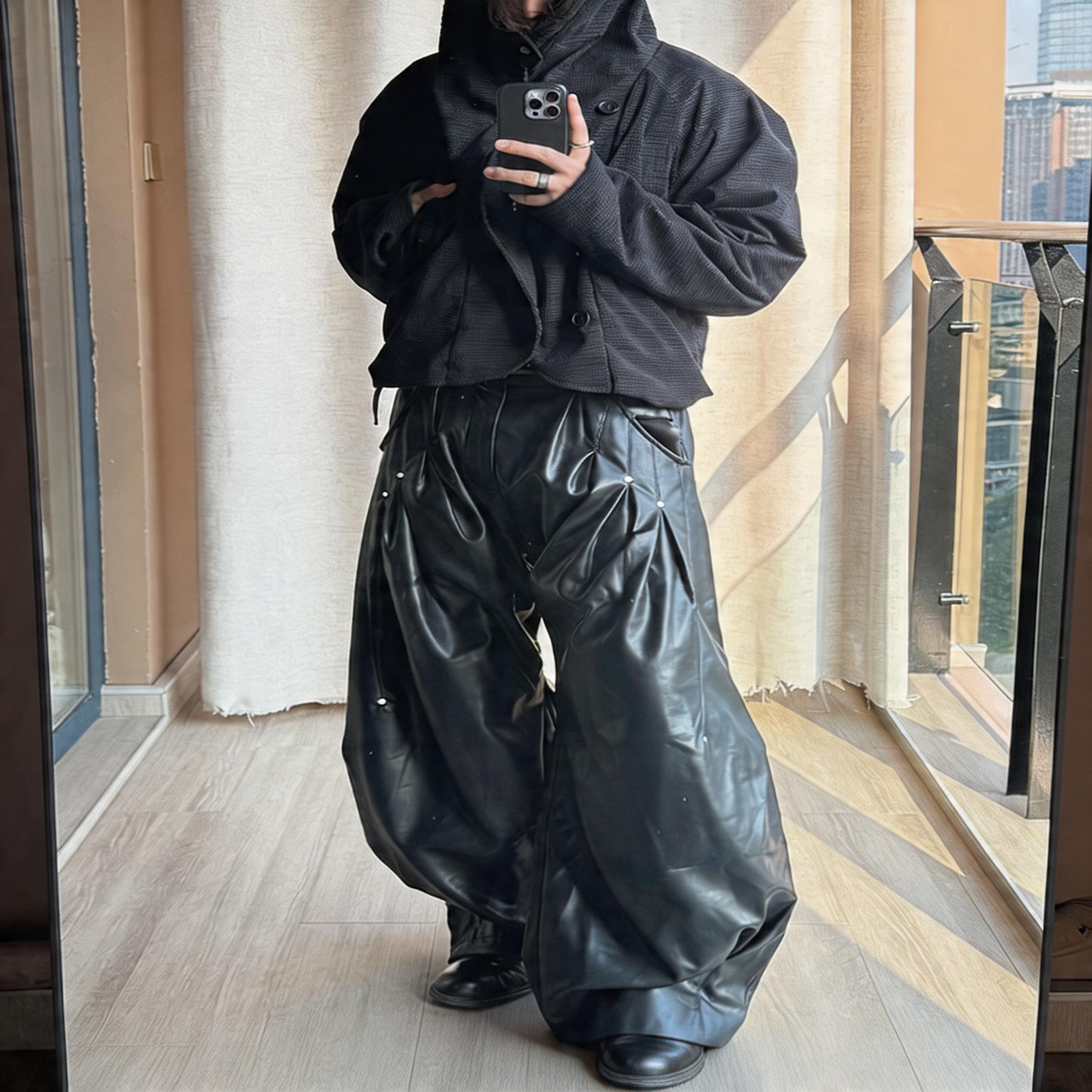 Deconstructed Pleated Curved Leather Pants