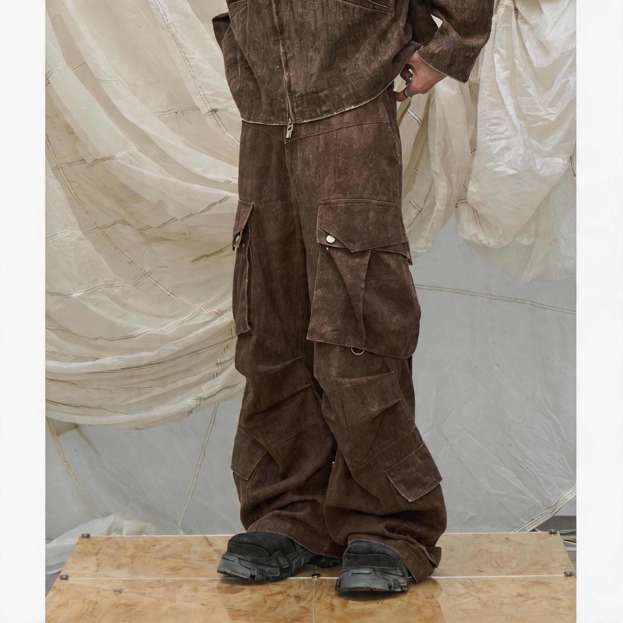 Washed Pleated Adjustable Strap Parachute Pants