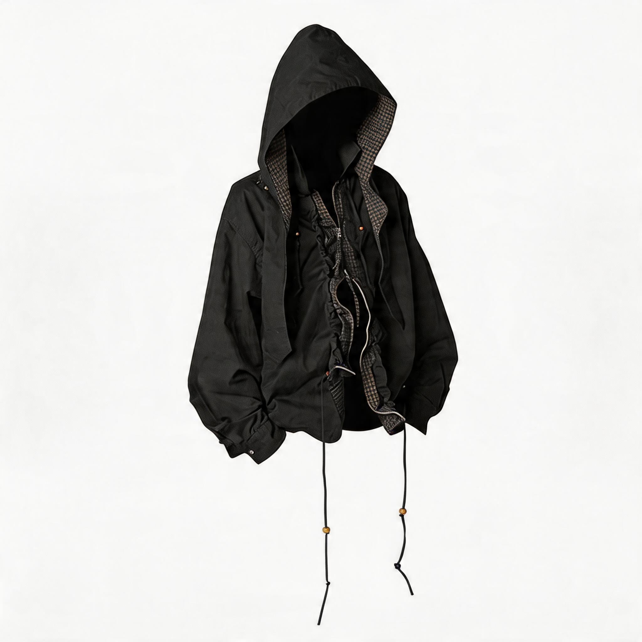 Water-Washed Beaded Pleated Detachable Hooded Shirt