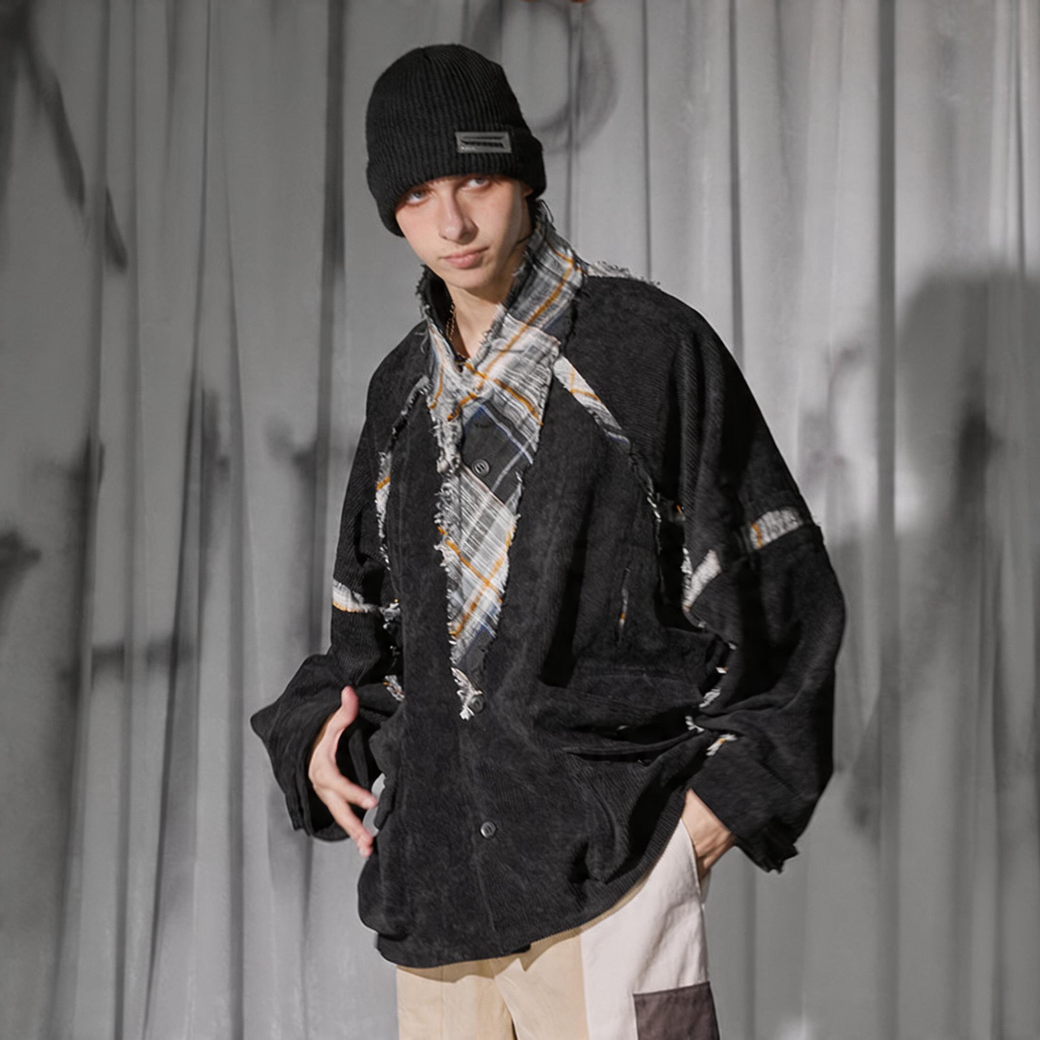 Corduroy Patchwork Distressed Cape Coat