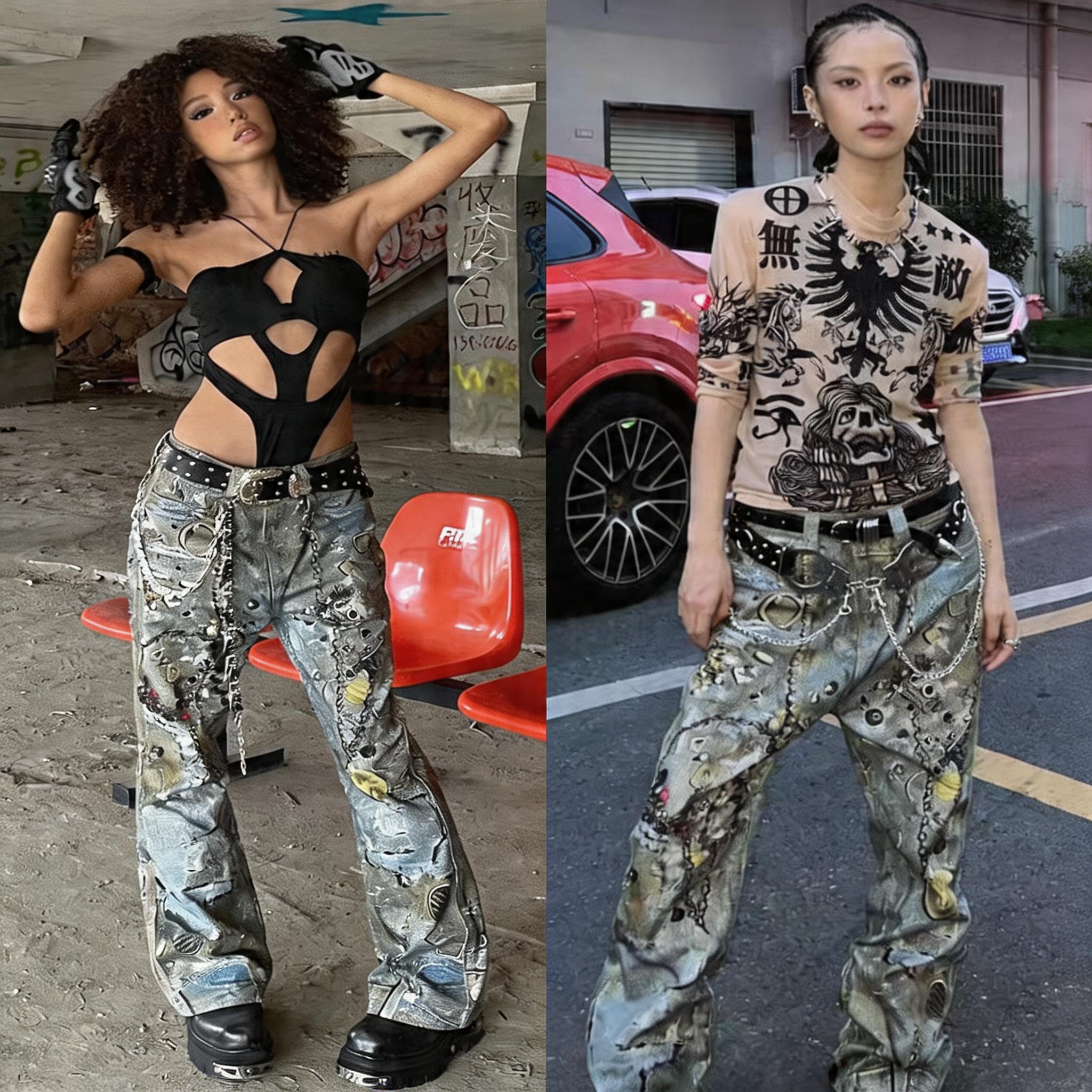 Relaxed Distressed Chain Digital Print Jeans