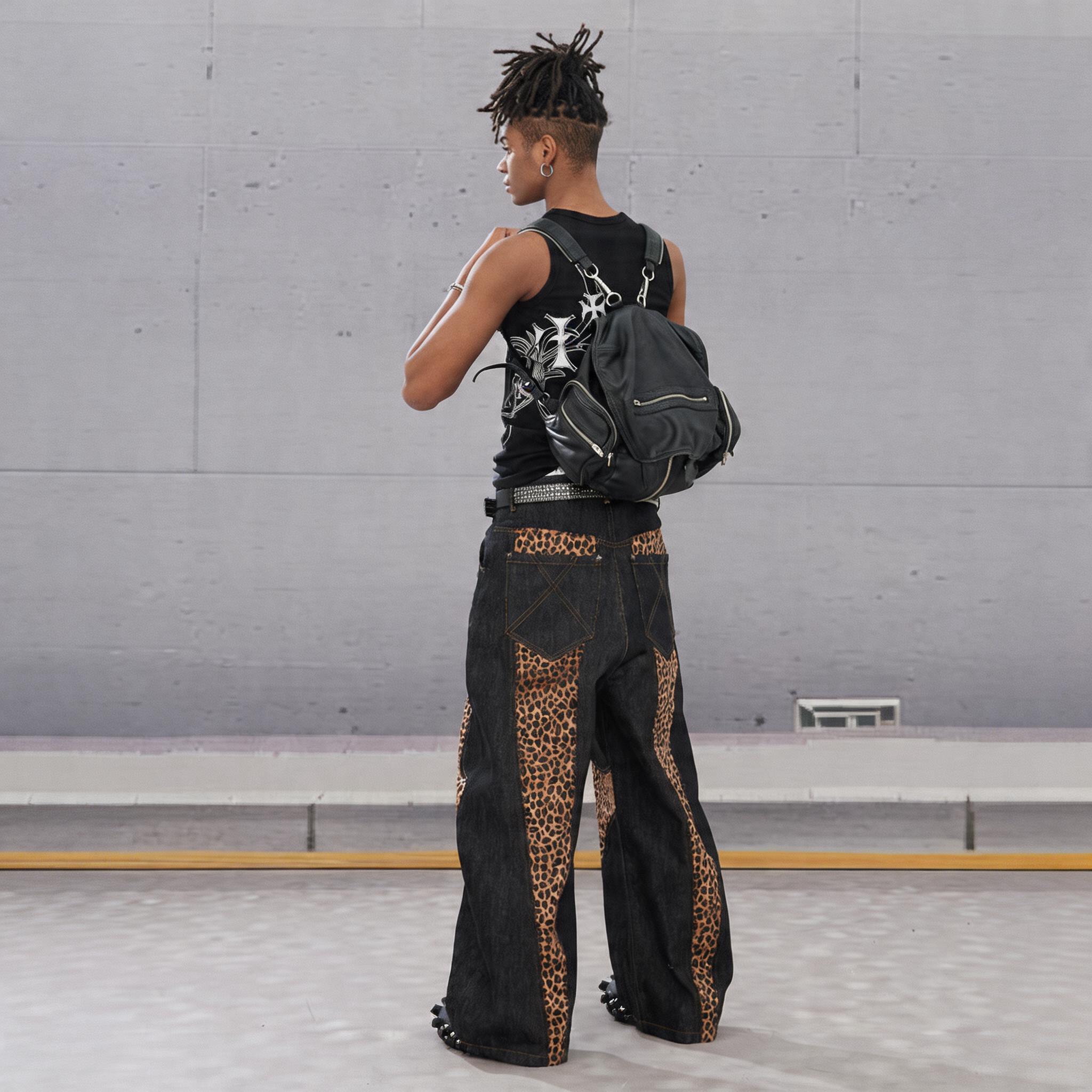Leopard Cross Patchwork Baggy Curved Jeans