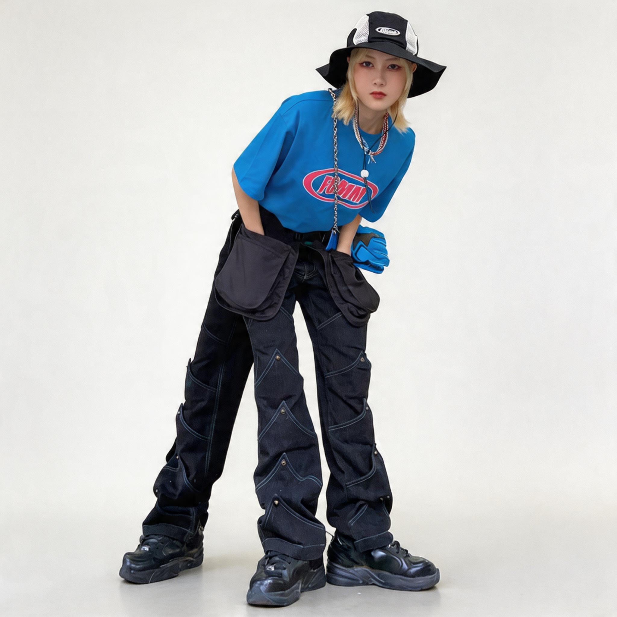 Unisex Deconstructed Black Patchwork Straight Jeans