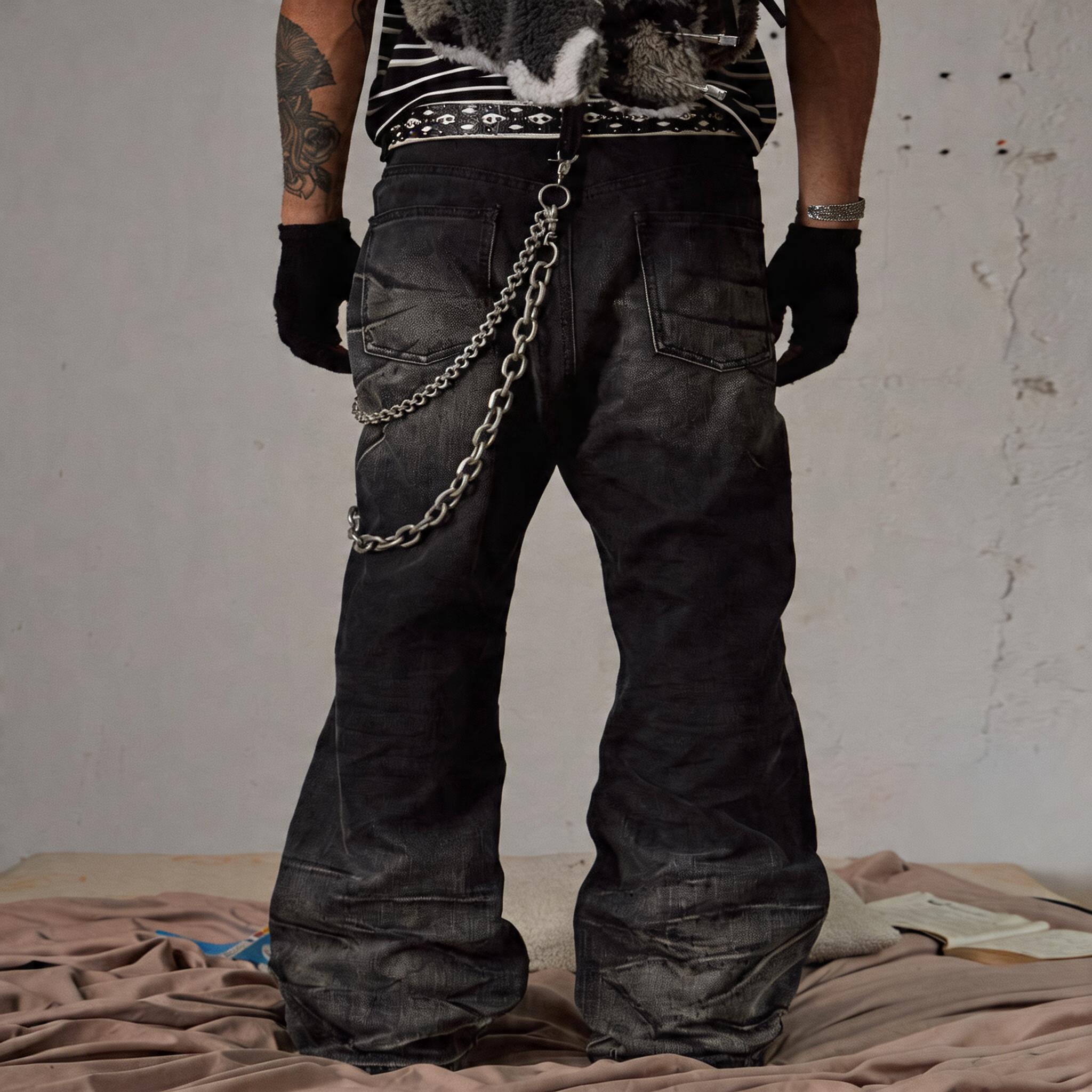 Black Washed Distressed Straight Flared Jeans