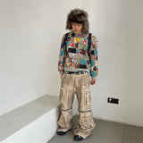 Distressed Drawstring Flare Cargo Pants