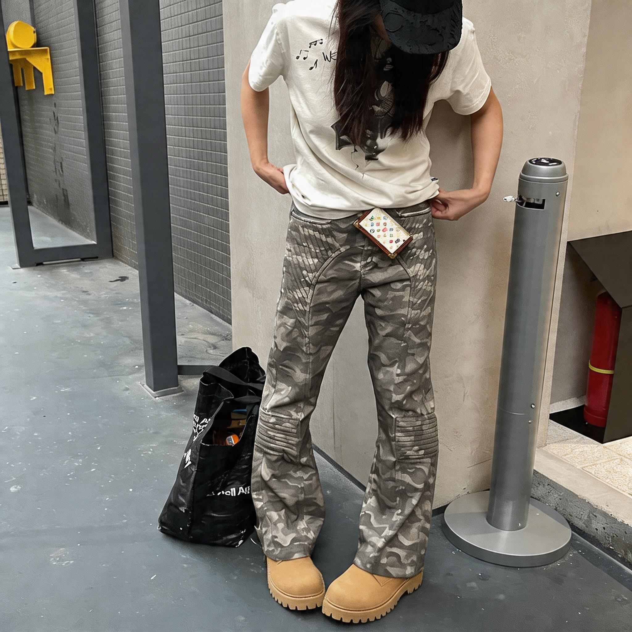 Rugged Distressed Camo Flare Cargo Pants