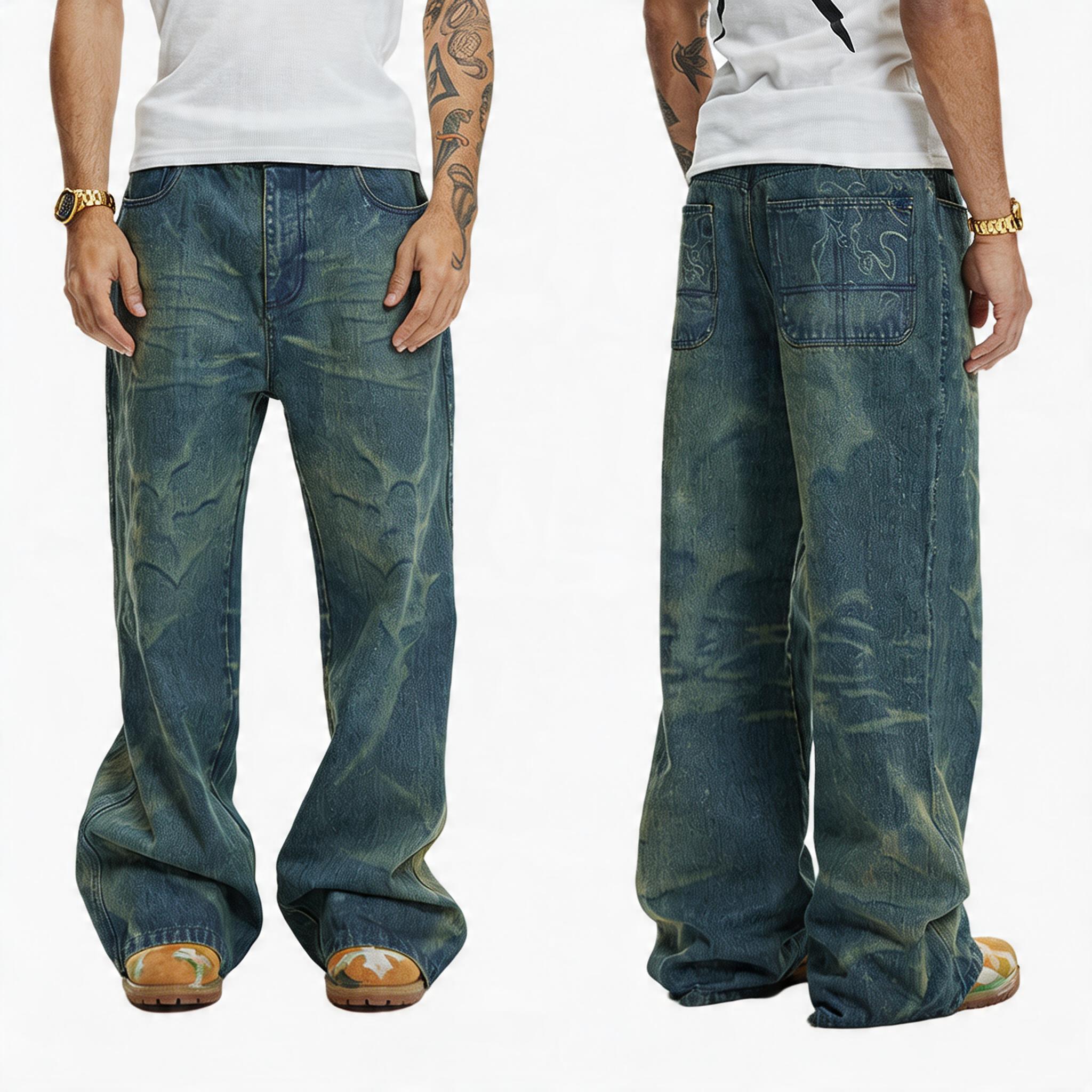Vintage Washed Distressed Slub Flare Jeans