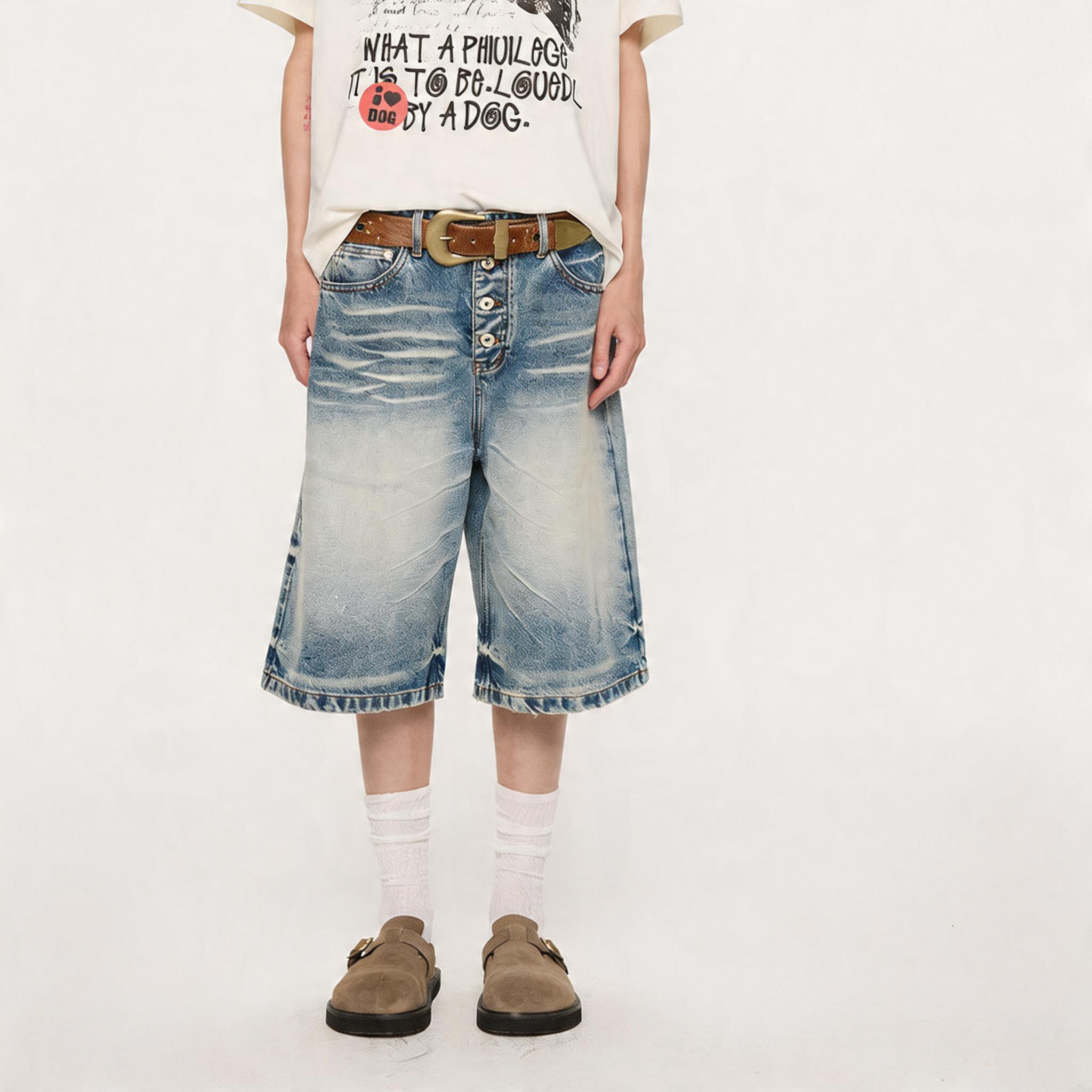 Whisker Wash Button Denim Shorts