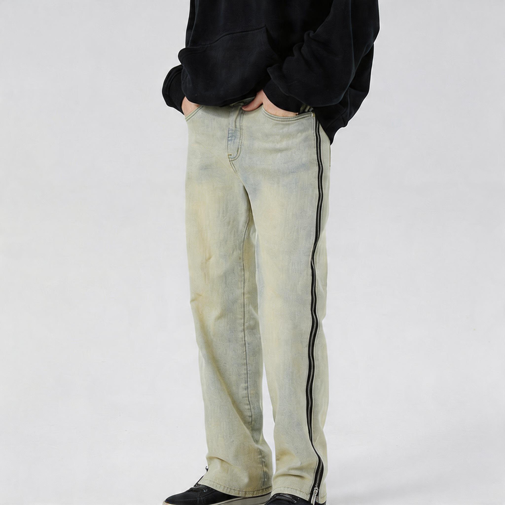 Yellow Washed Distressed Straight Jeans