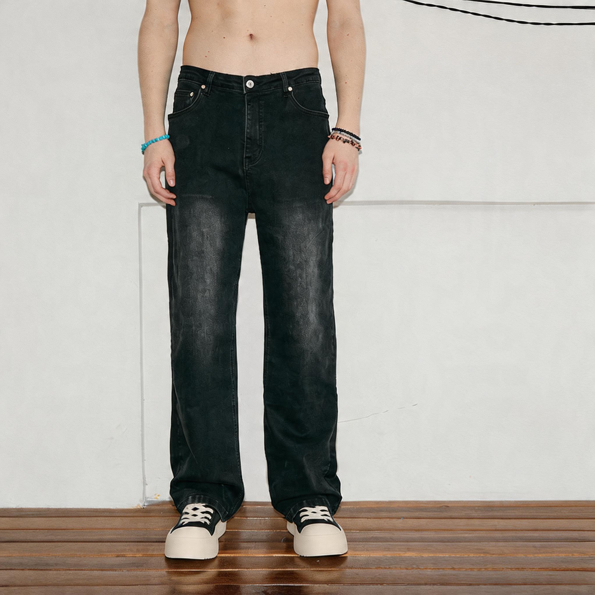 Men's Washed Black Loose Straight Jeans
