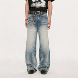 13oz Washed-Whiskered Cream Blue Straight Jeans