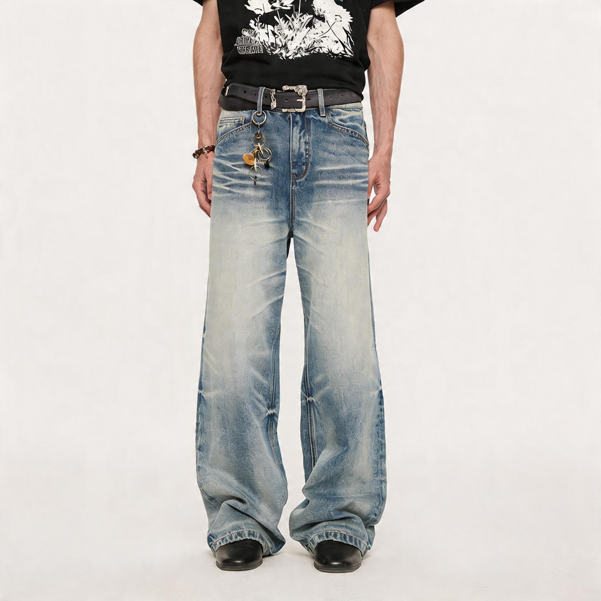 13oz Washed-Whiskered Cream Blue Straight Jeans