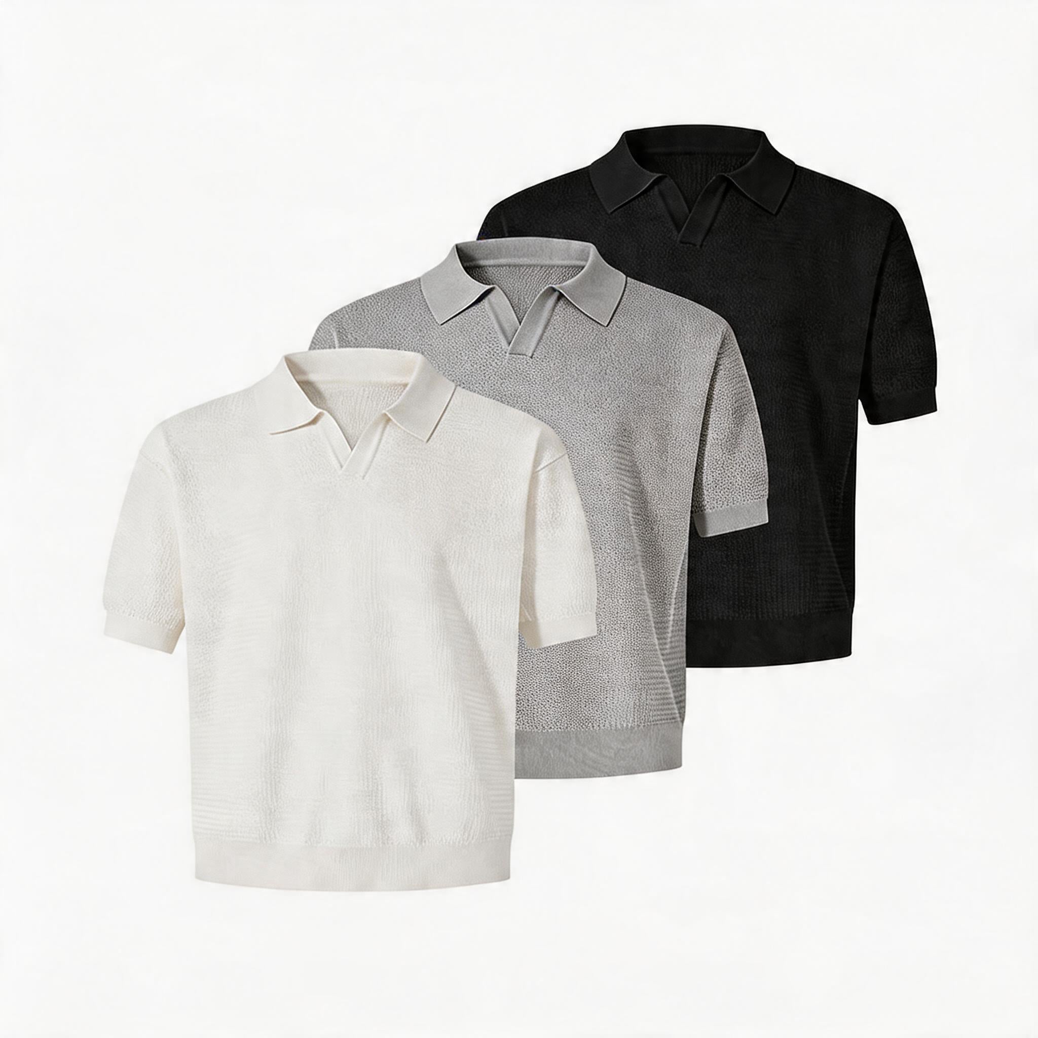 Wheat Jacquard V-Neck Knit Polo Tee