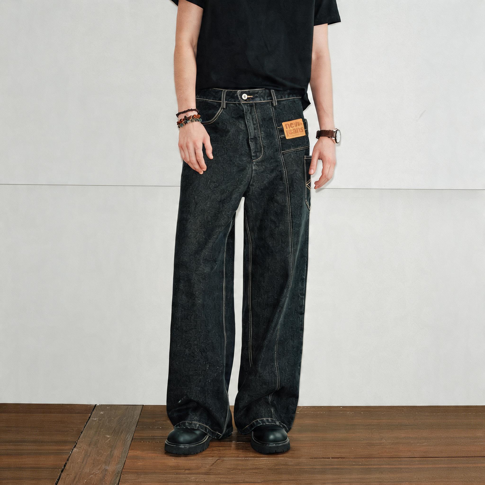 Men's Color-block Loose Raw Denim Jeans