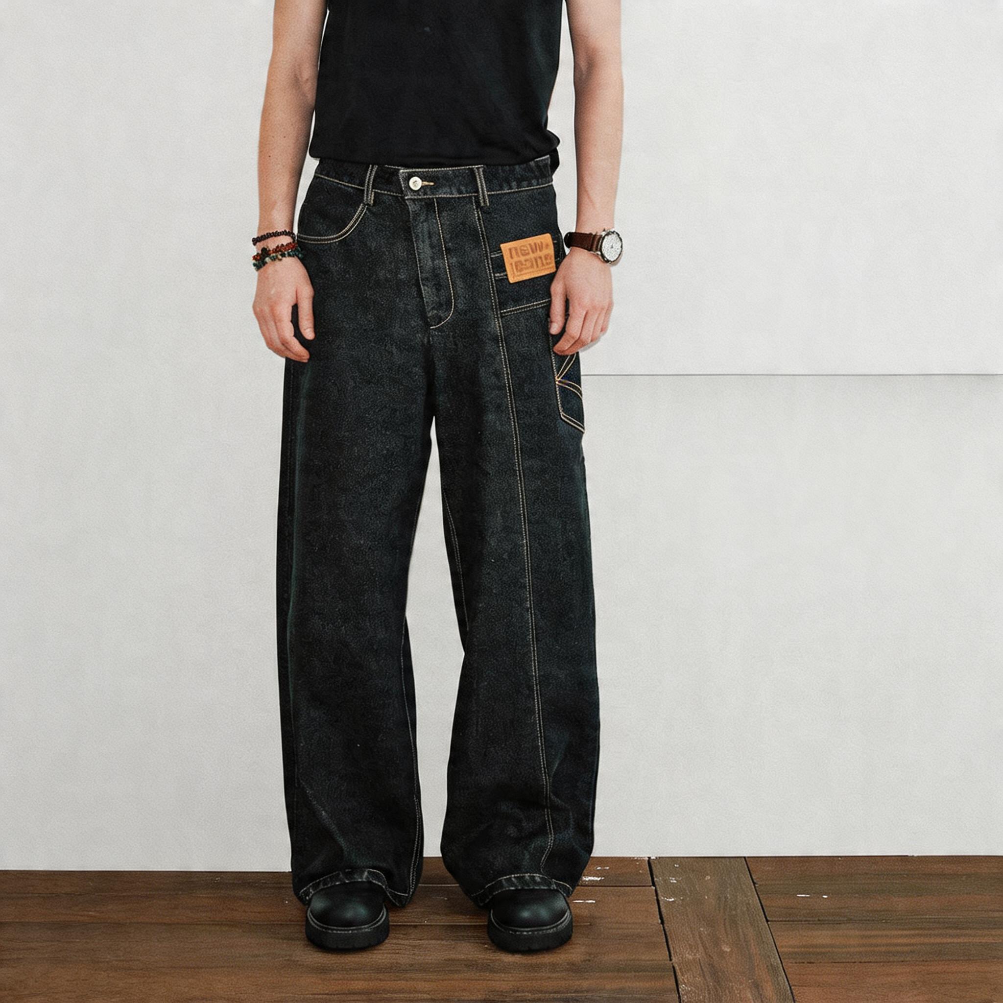 Men's Color-block Loose Raw Denim Jeans