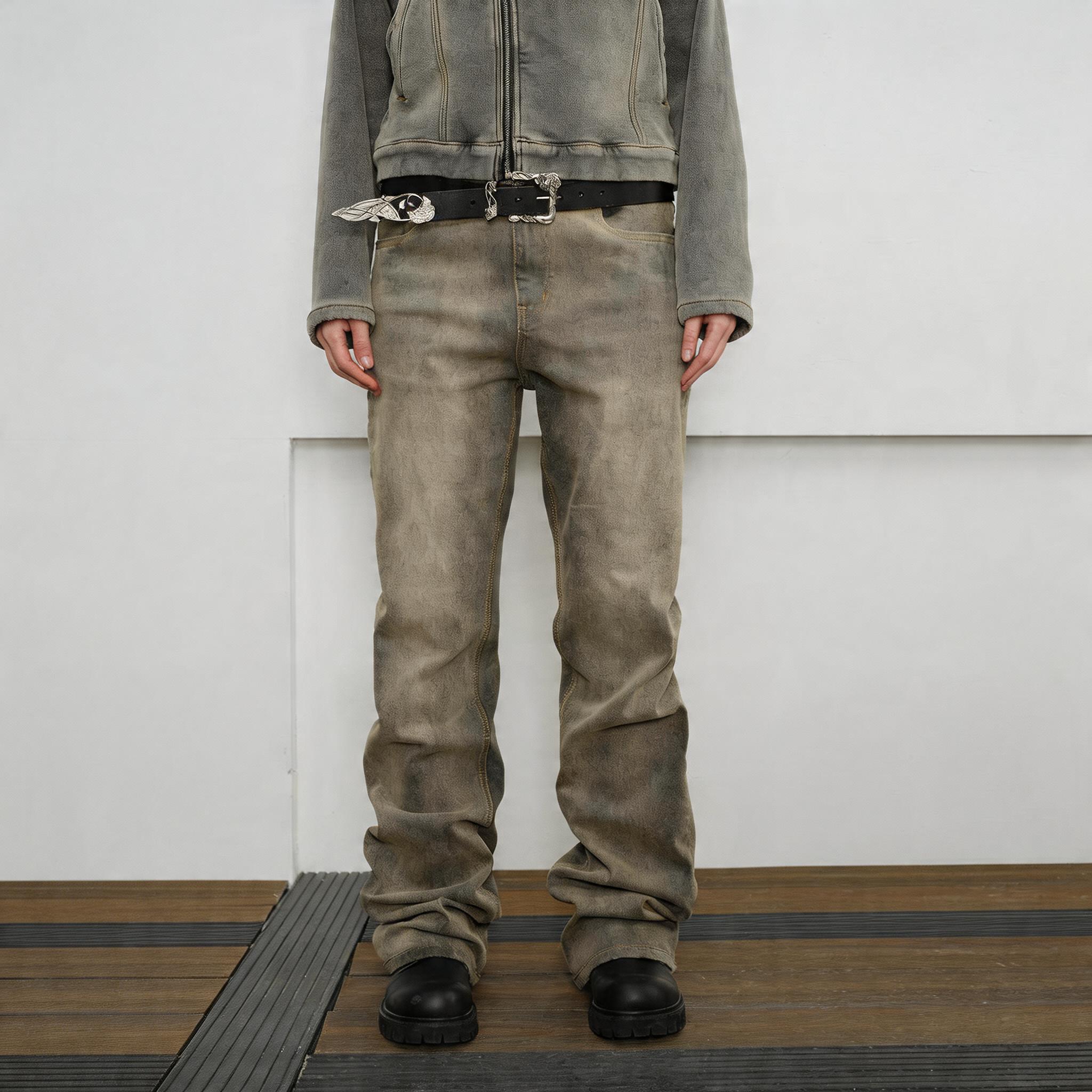Mud-Dyed Distressed Bootcut Jeans
