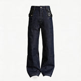 Navy Embossed PU Patchwork Flared Jeans