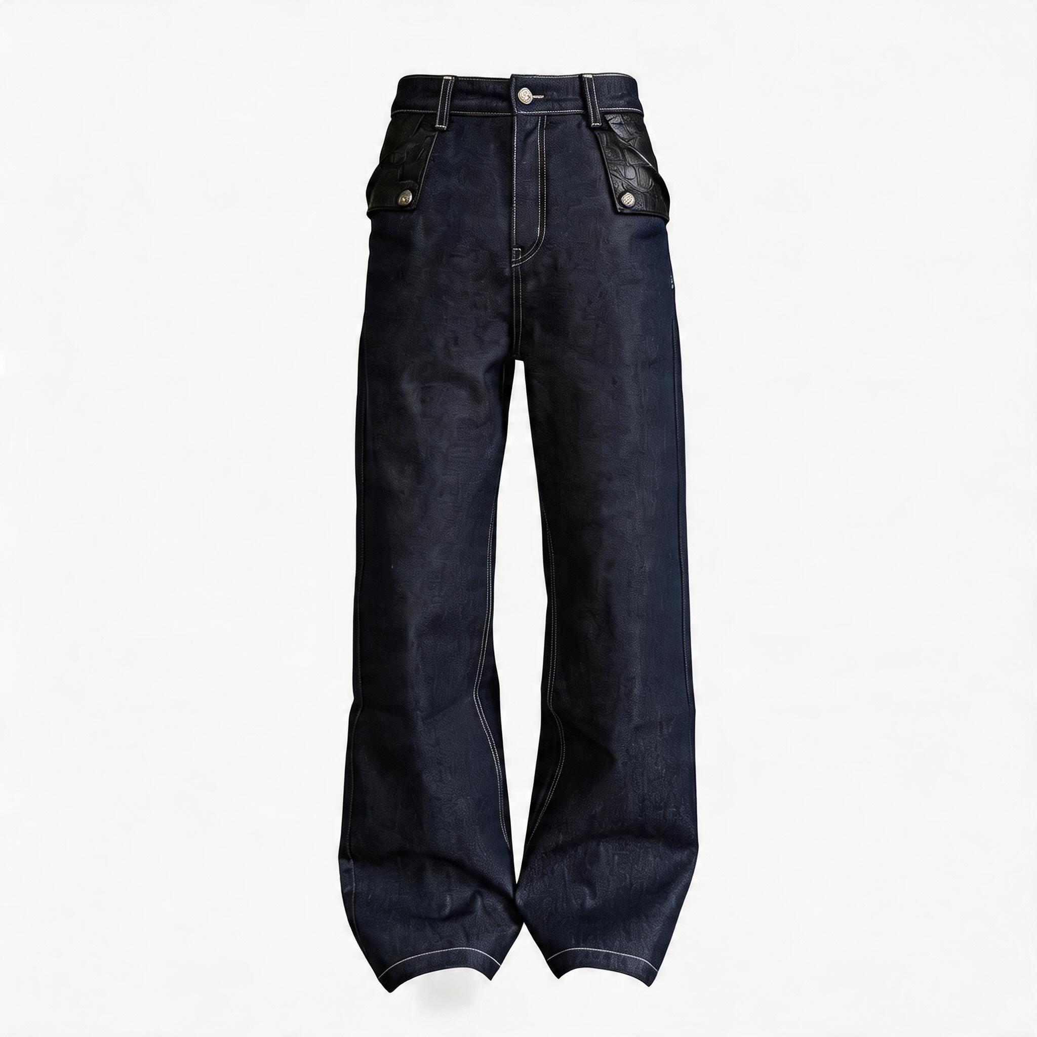 Navy Embossed PU Patchwork Flared Jeans
