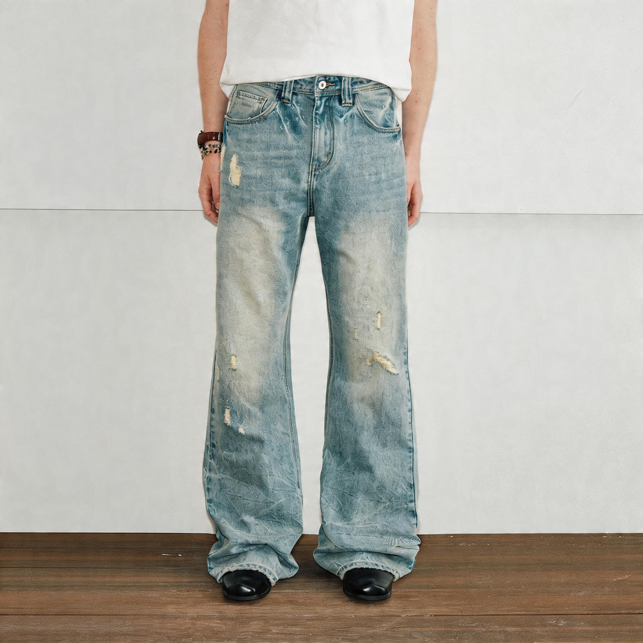 Cleanfit Men's Vintage Ripped Flared Jeans