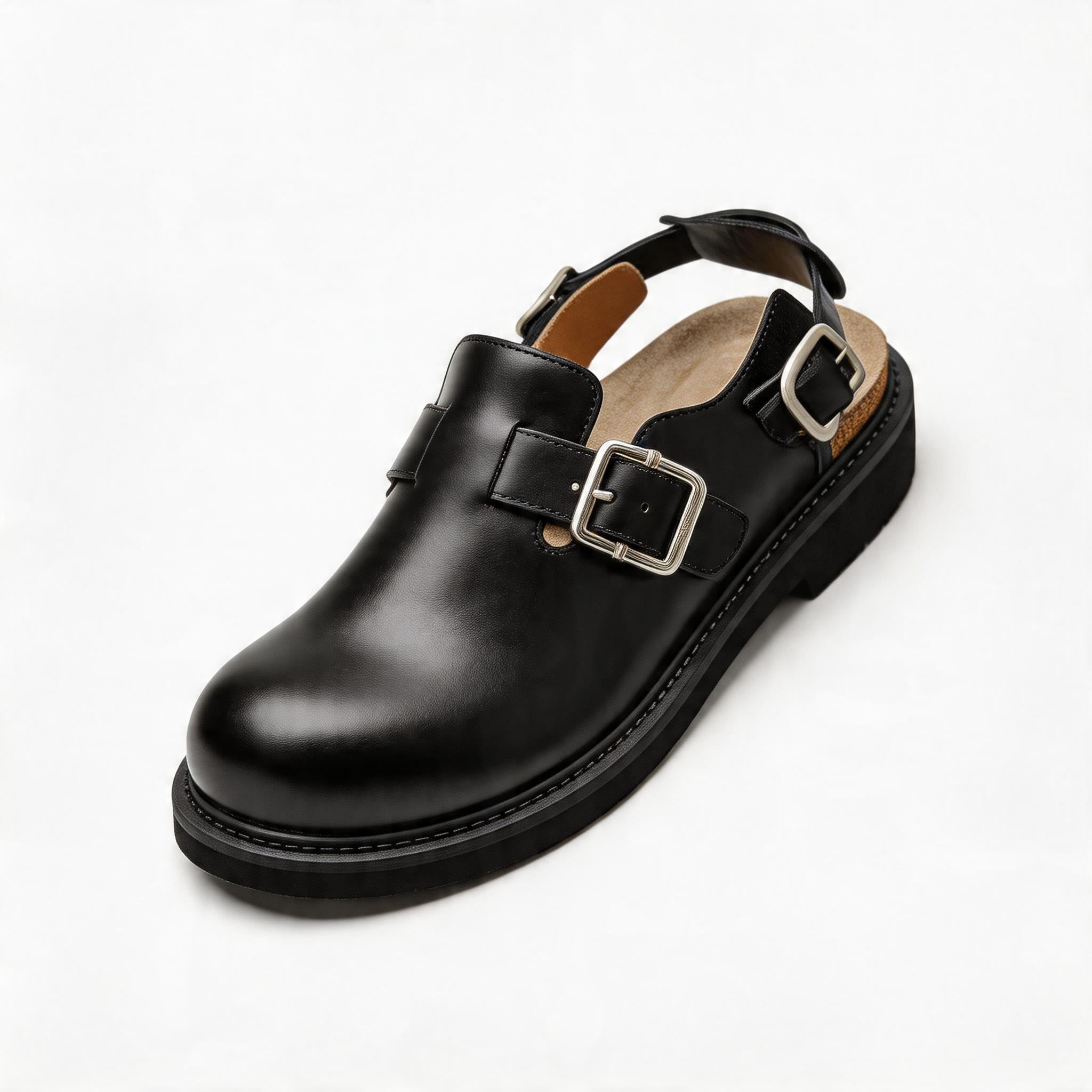 Adjustable Platform Cork Leather Mules