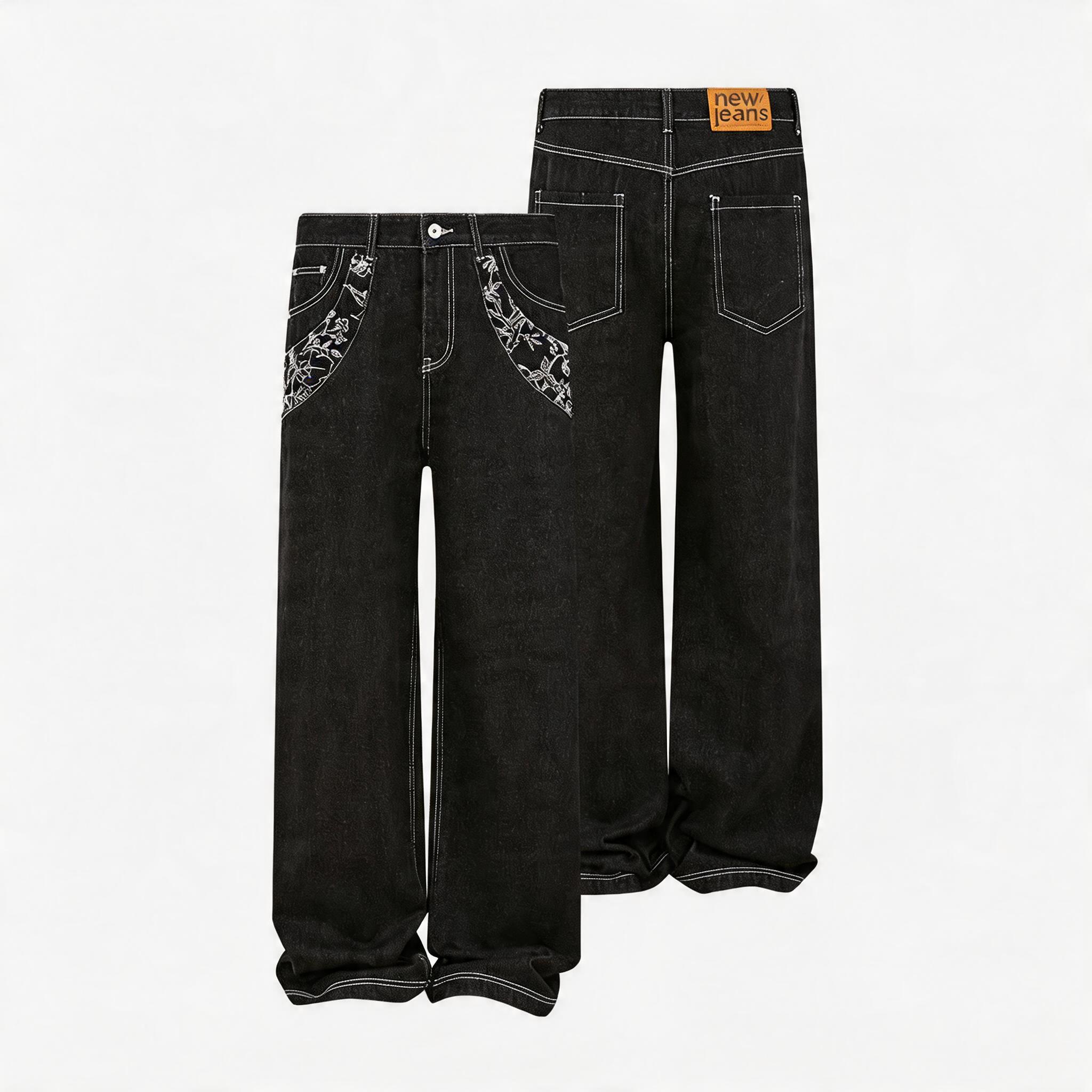 Heavyweight Floral Embroidered A-Line Denim Jeans