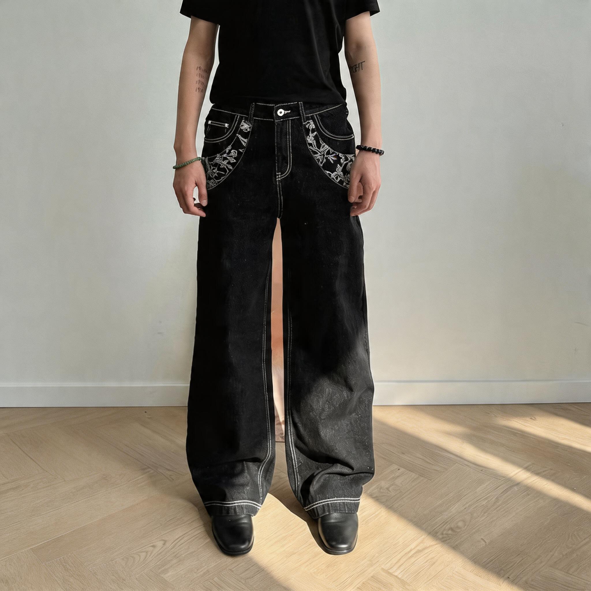 Heavyweight Floral Embroidered A-Line Denim Jeans