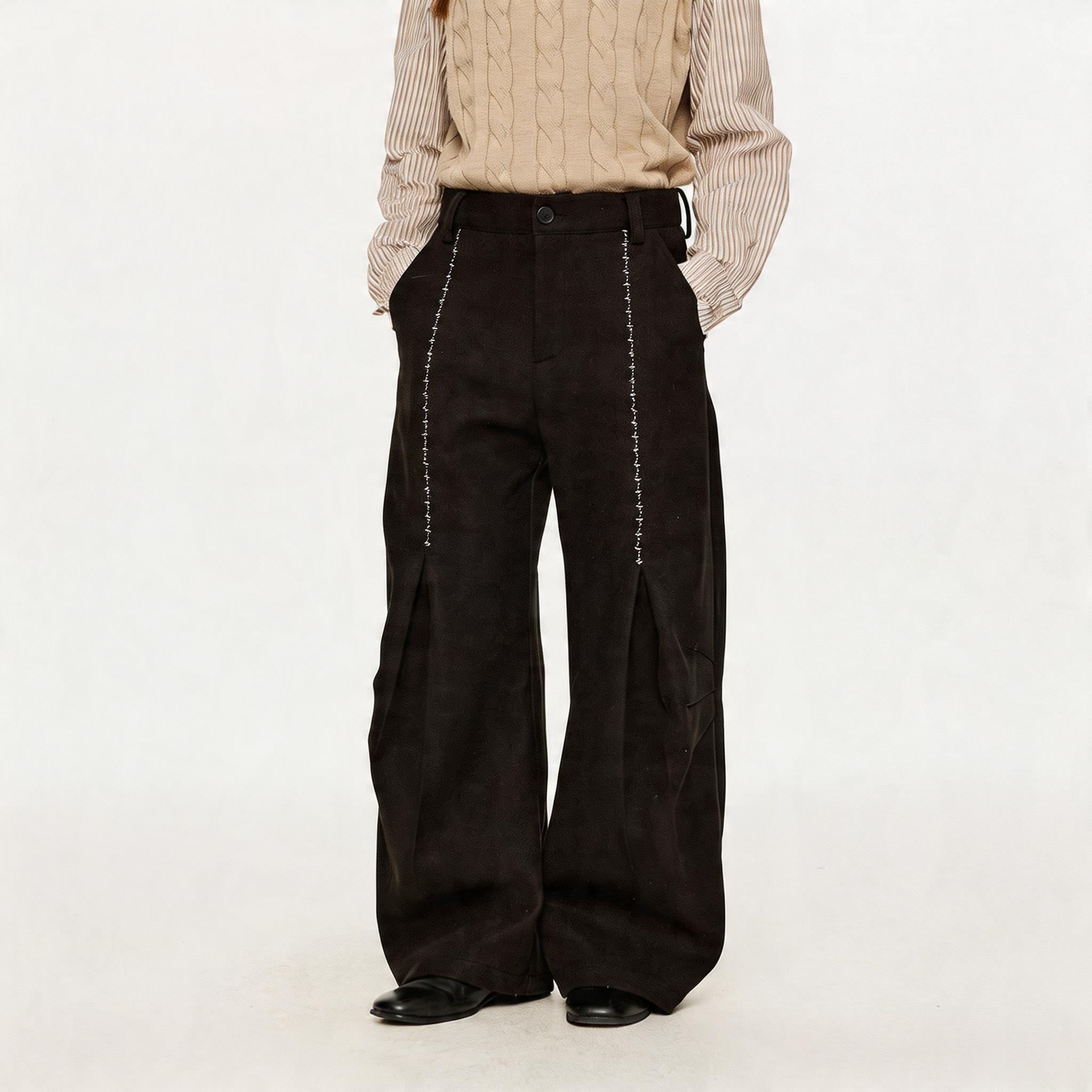 Men's Embroidered Curved Pleated Woolen Pants
