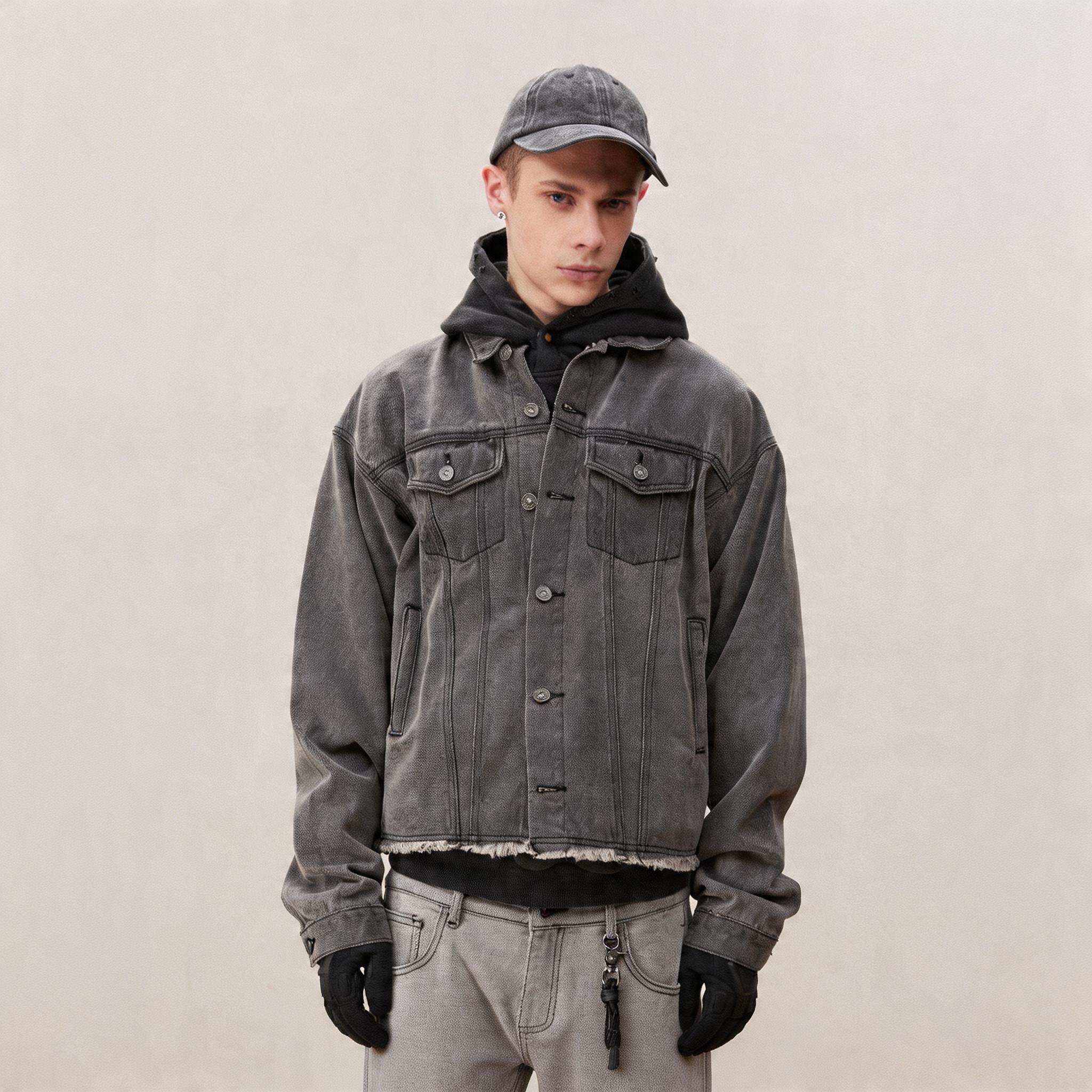 Men's Washed Frayed Collared Denim Jacket
