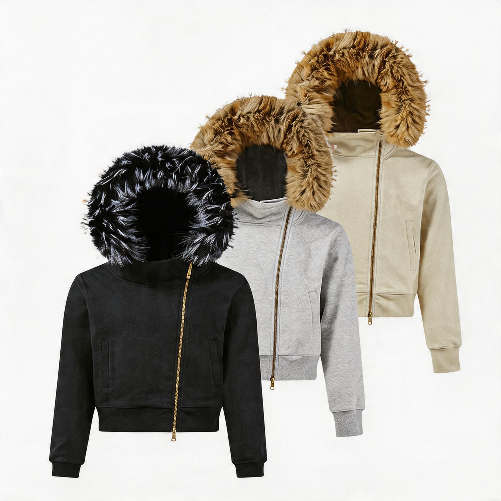 Detachable Fur Collar Slant Zip Hoodie