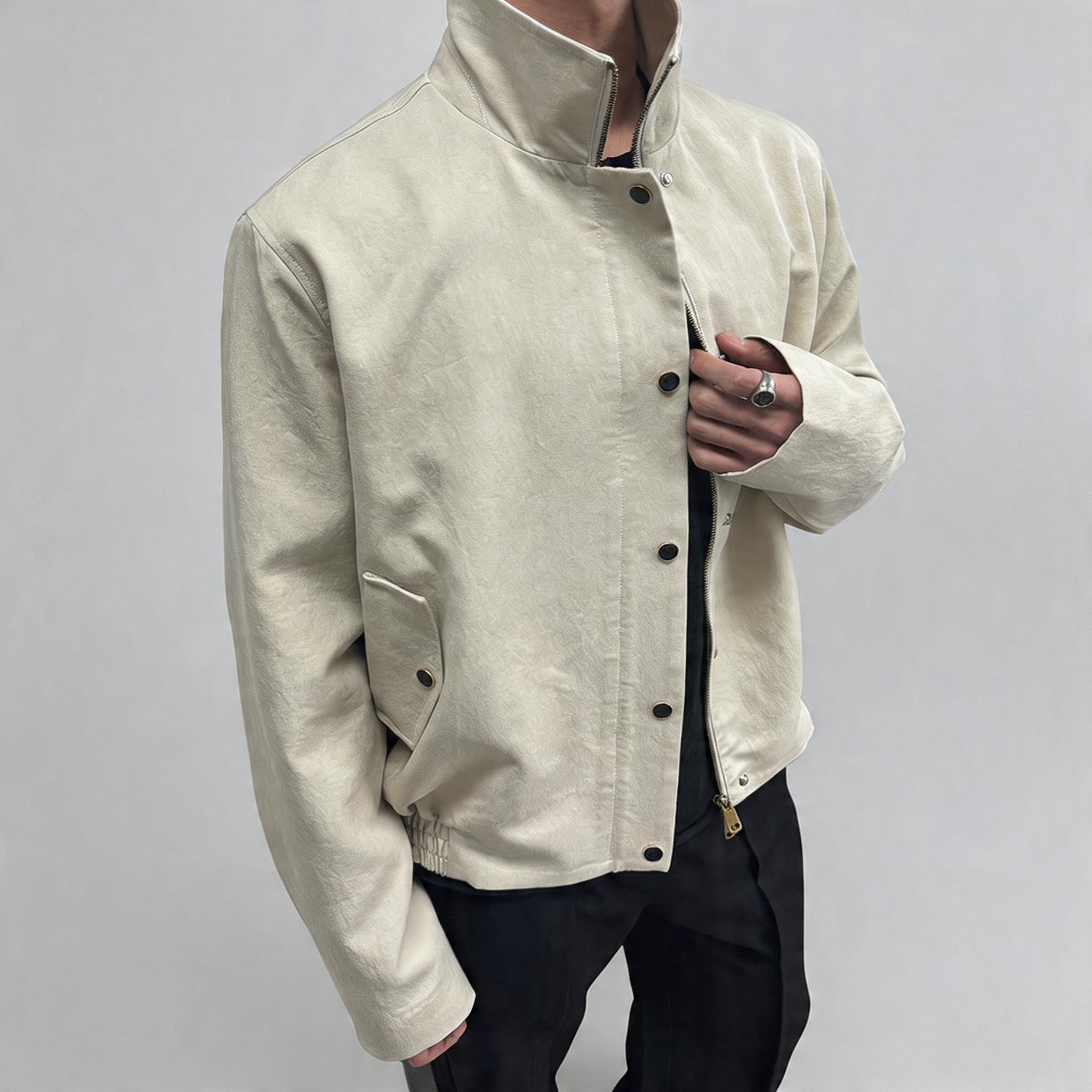 Turquoise Lyocell Wrinkle Stand Collar Jacket