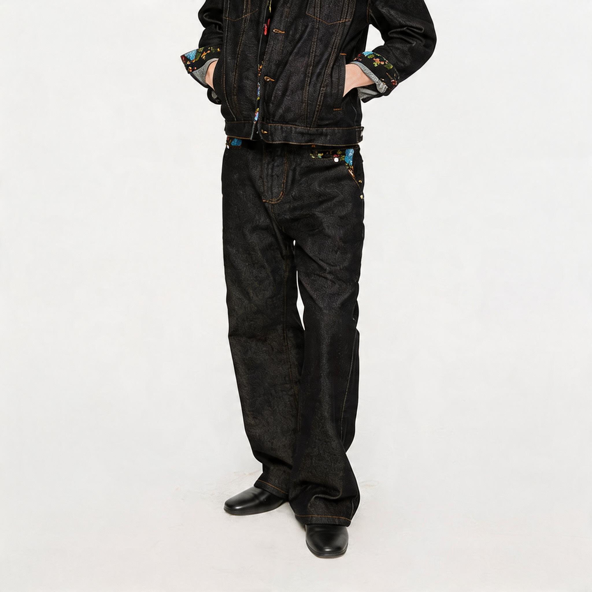 Washed Color-Blocked Floral Jacquard Flare Jeans