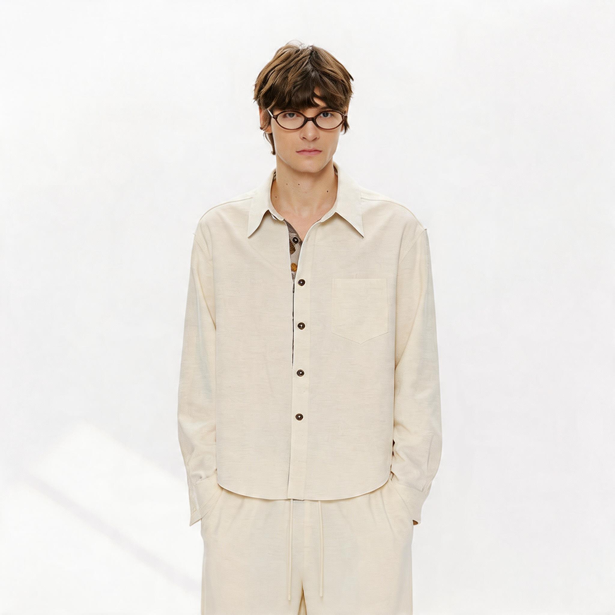 Long-sleeve Floral Color-block Tencel Linen Shirt