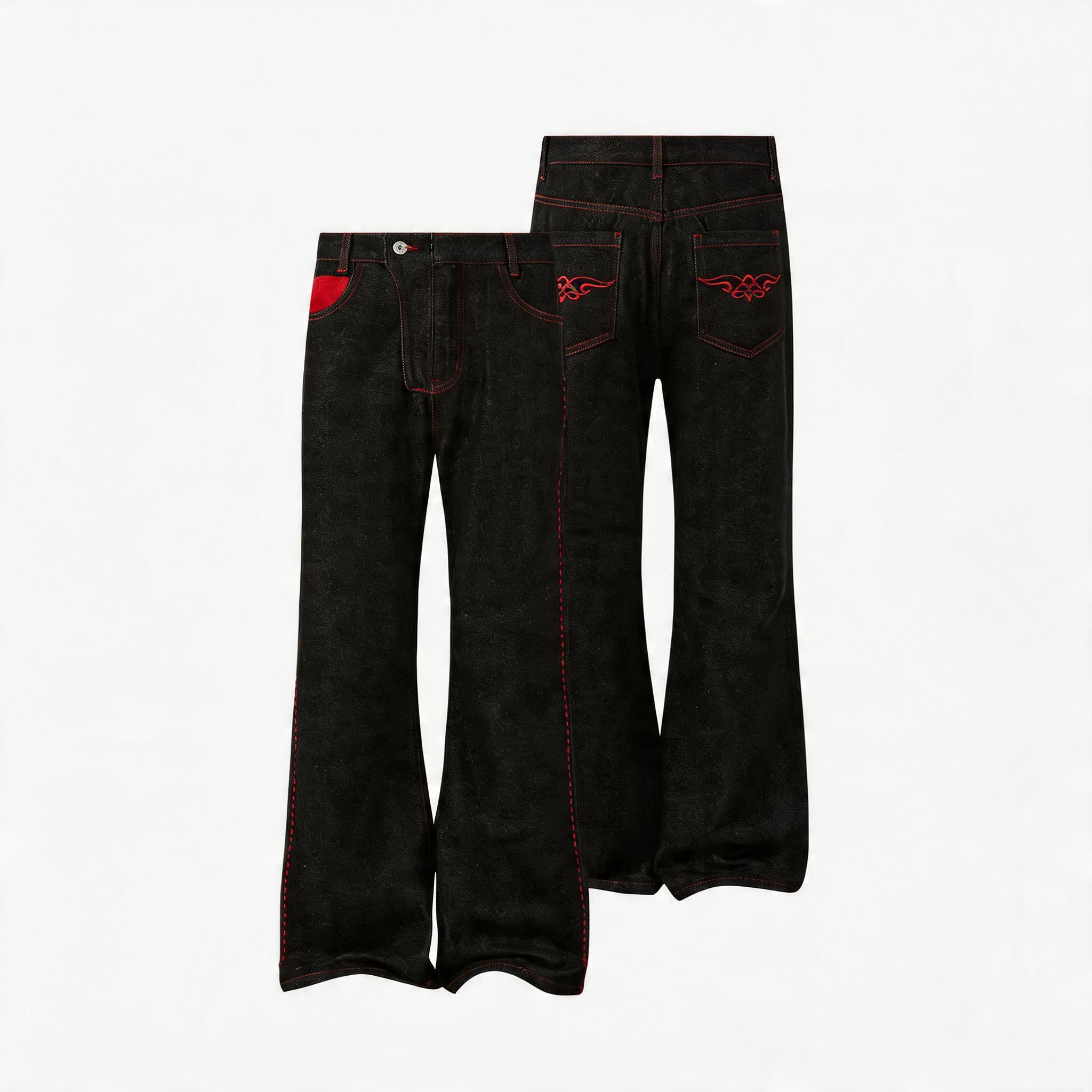Men's Embroidered Flared Raw Denim Jeans