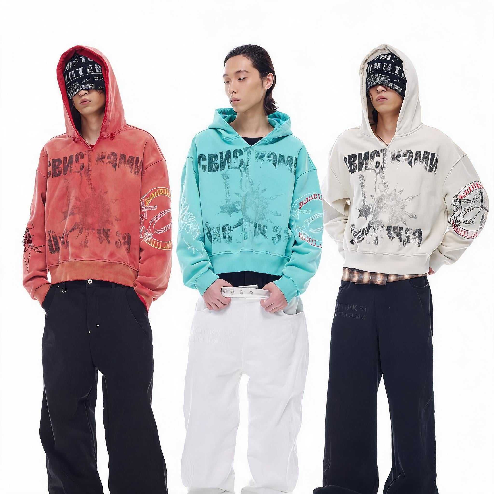 Tri-color Washed Distressed Embroidered V-neck Hoodie