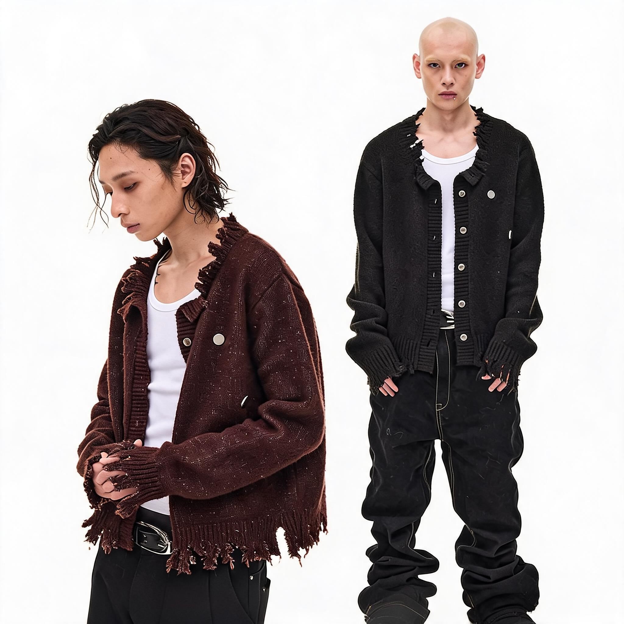 Washed Fringed Distressed Badge Knit Cardigan